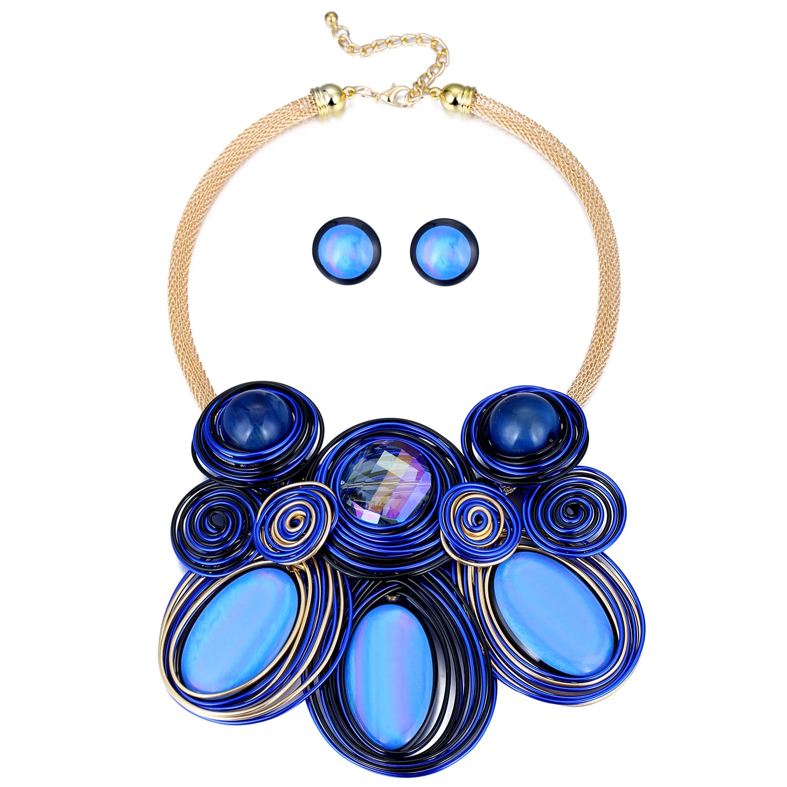 Kiszu 2 Pieces African Jewelry Set for Women Crystal Rhinestone Vintage Statement Ethnic Style Necklace Earring Set Colorful Costume Jewelry Chunky Collar African Beaded Necklaces Dangle Earrings