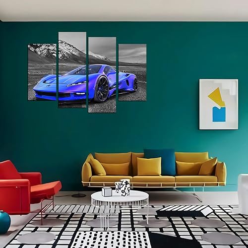 Miniatura 2 de Meigan Art - Póster de pared en blanco y negro, 4 piezas, diseño de automóvil deportivo azul, lienzo grande para habitación de niños, dormitorio,