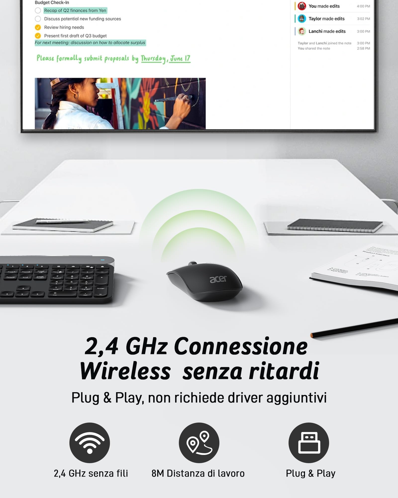 acer Mouse wireless, mouse ottico a 4 pulsanti programmabile a 2,4 GHz 1600 DPI, ambidestro ed ergonomico, connessione o ricevitore USB multi-dispositivo per laptop/computer/telefono/tablet