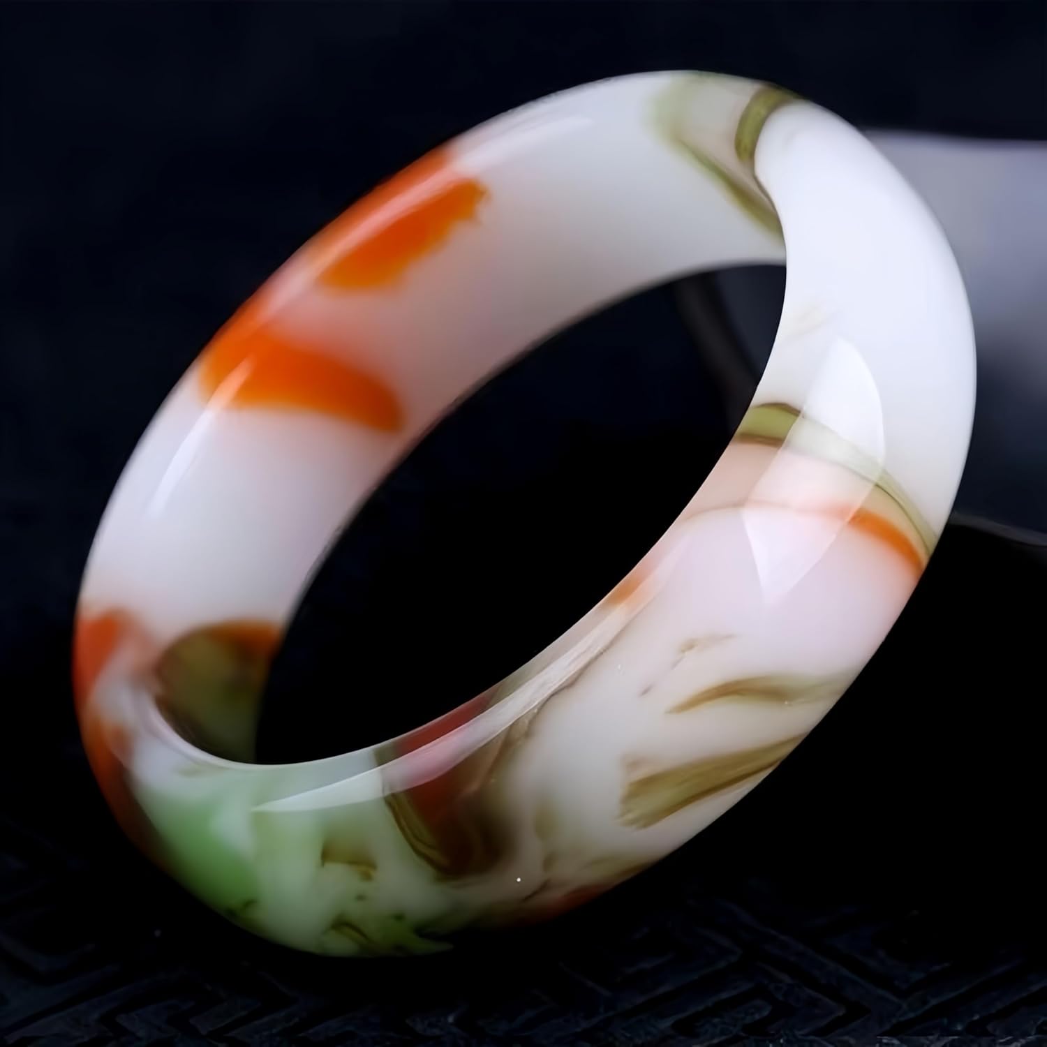 Jade Stone Bangle Bracelet -Round Multi-Polished Design with Box, Feng Shui Good Luck Accessory, Positive Energy Gift for Women Men