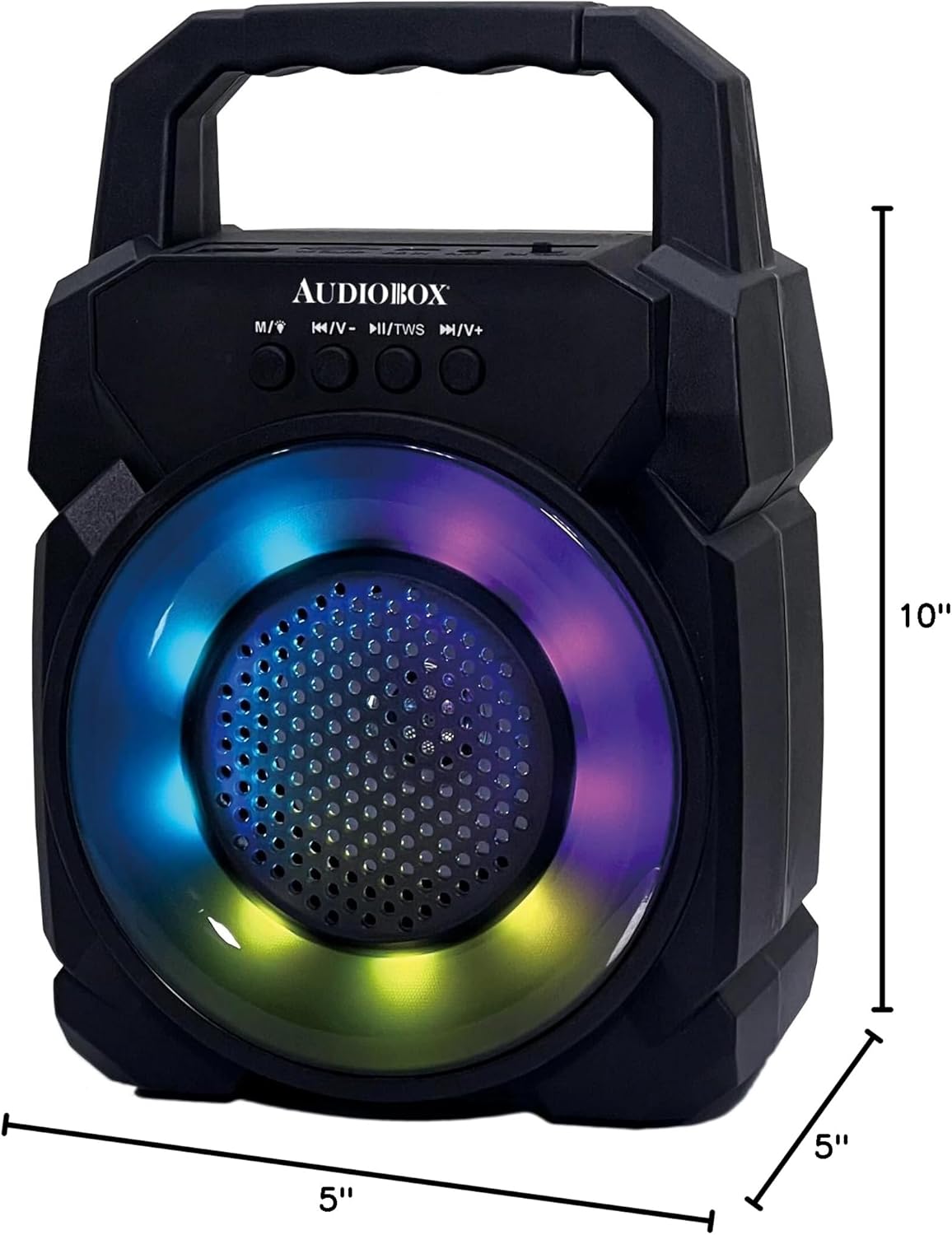 Audiobox ABX-30R speaker with dimensions labeled as 5 inches wide, 5 inches deep, and 10 inches high