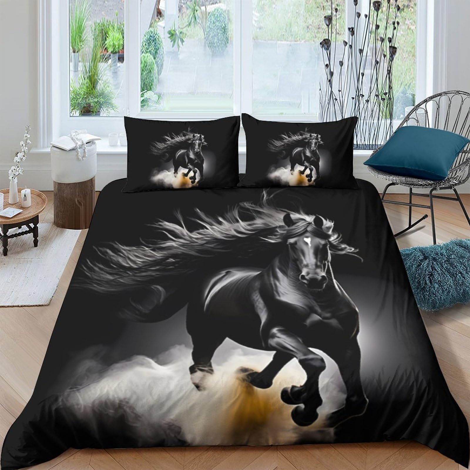 Housse de couette cheval noir confortable et respirante en microfibre pour grand ensemble de lit