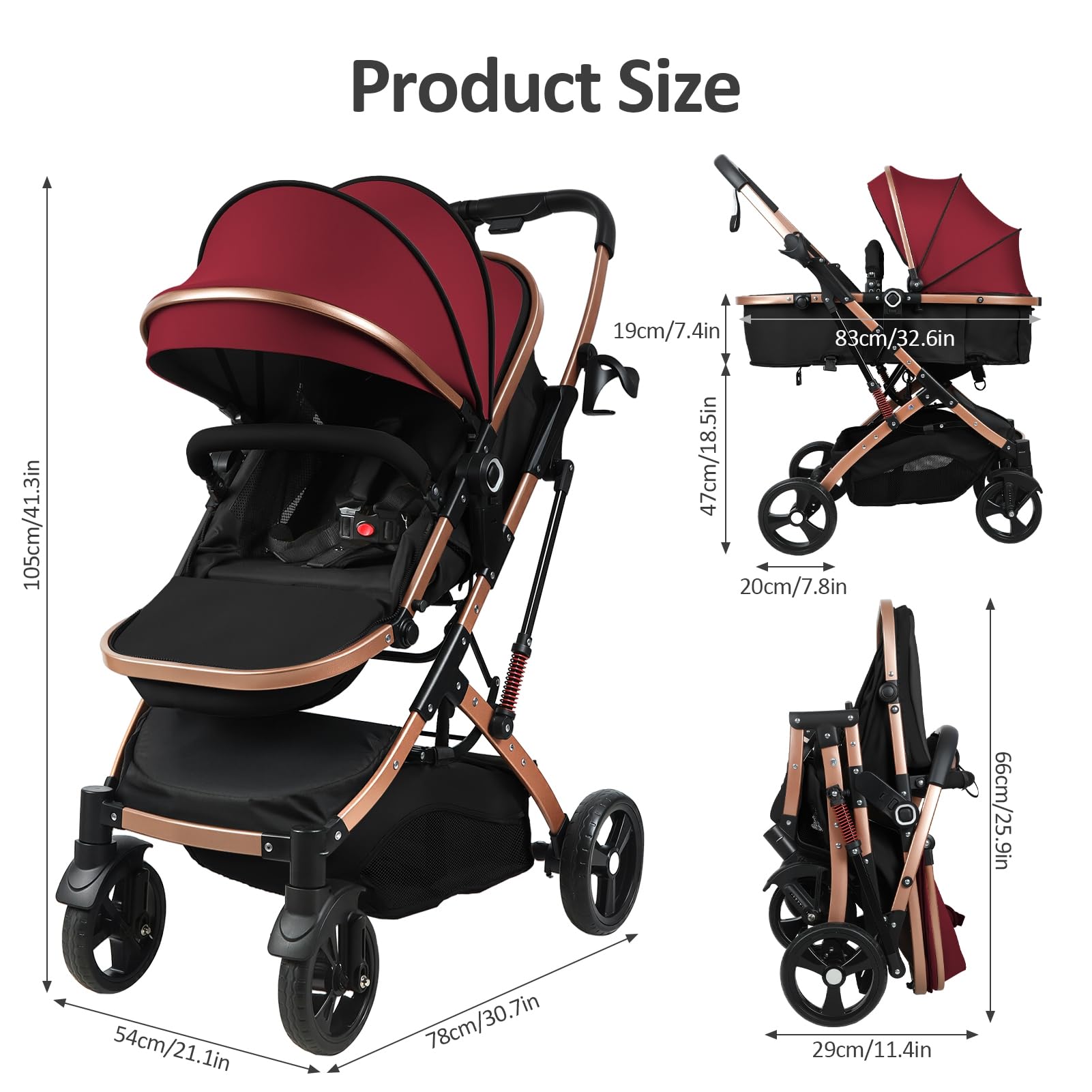 Poussette bébé 2 en 1 avec nacelle réversible, pliable à une main, naissance 0-36 mois, dossier réglable, capote ajustable, siège bébé haut, amortissement, harnais 5 points Vin rouge