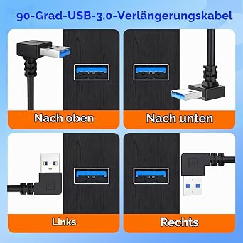 USB 3.0 Verlängerungskabel Adapter Kabel USB Winkelstecker 90 Grad 2 Stü USB Verlängerung Kurz USBA Stecker auf Buchse für Maus Tastatur Hub Drucker PS4/5 Externe Festplatte (Nach Unten 30cm)