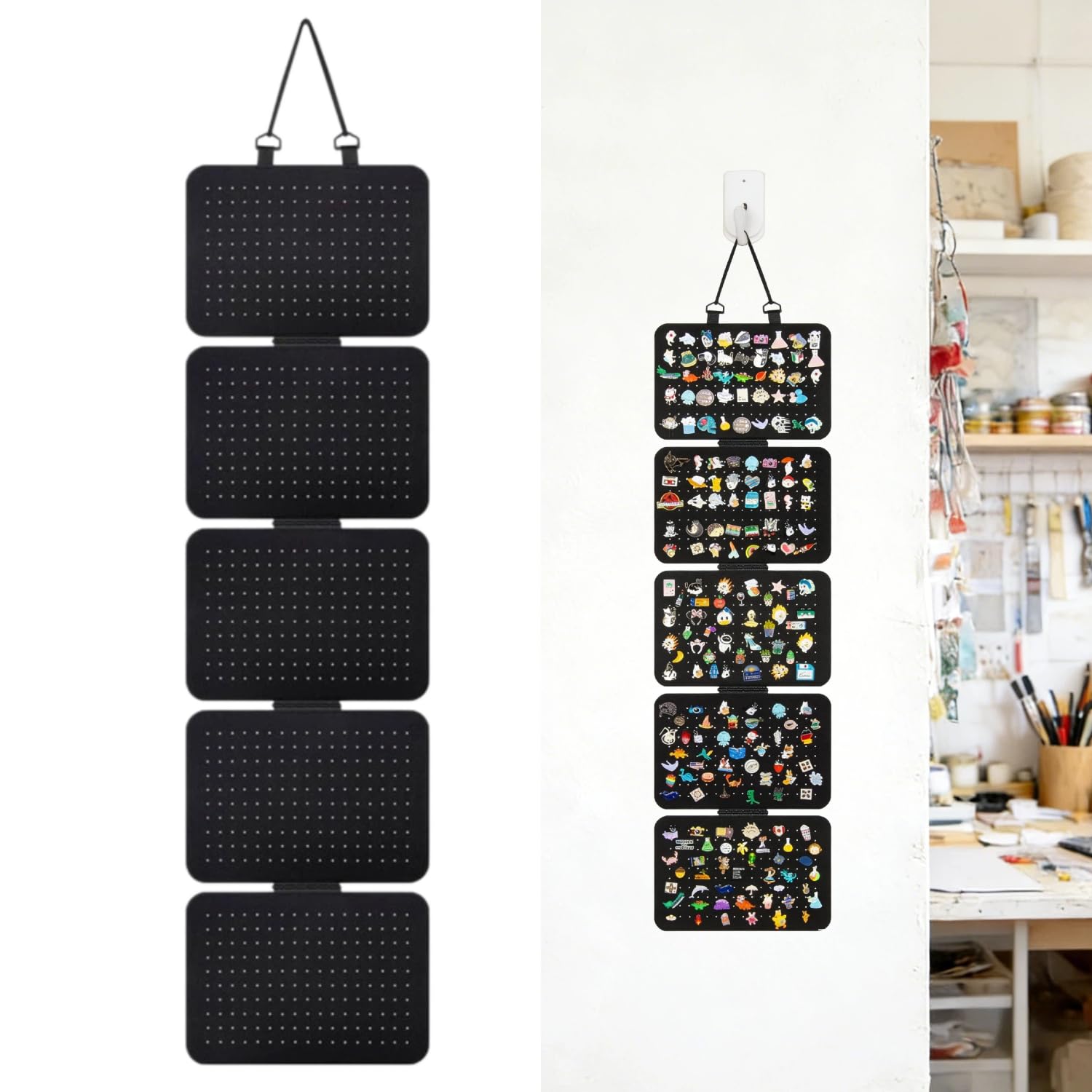 HARY Felt Pin Board Display, 5-Sheet Hanging Jewellery Organiser with 850 Holes, Wall-Mounted Pin Badge Display for Enamel Pins, Earrings, Brooches - Black Removable Sheets