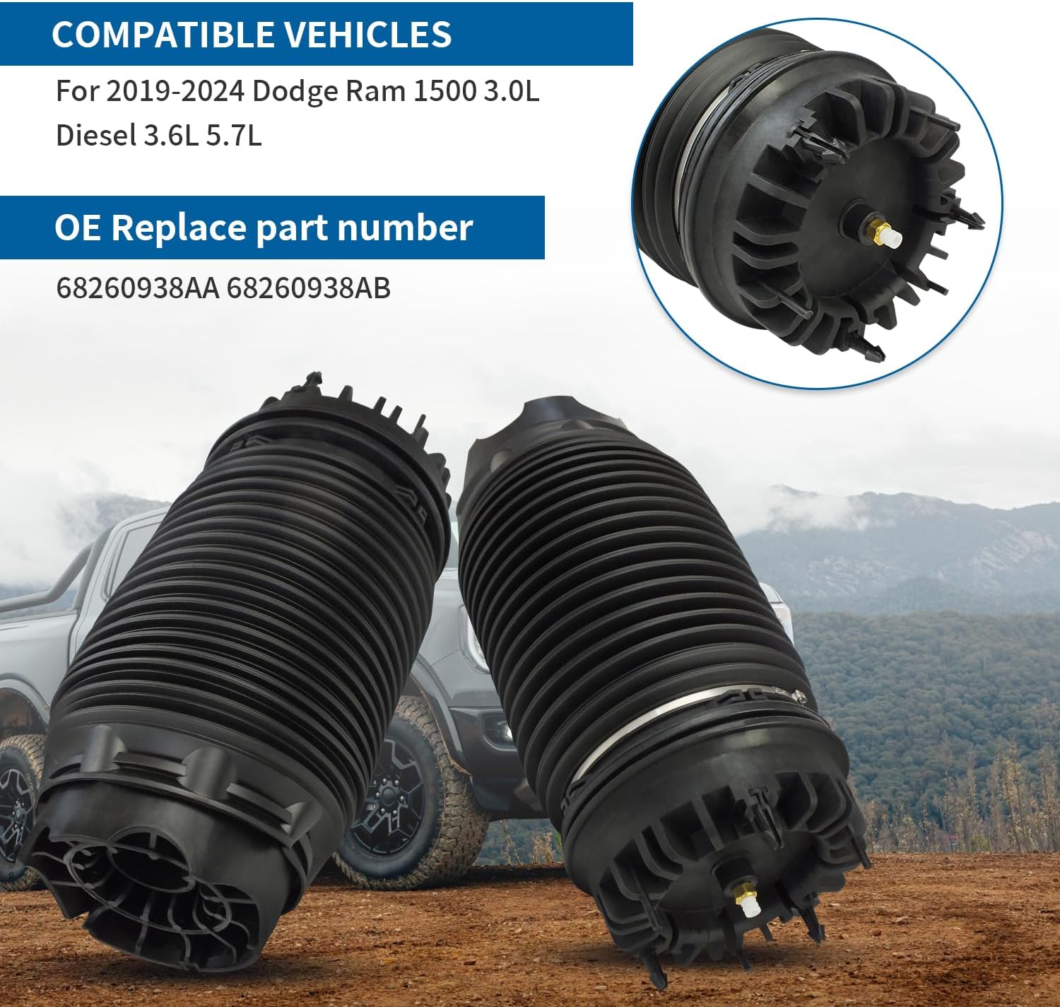 2Pcs Rear Air Suspension Spring Bags 68260938AA Compatible with Dodge Ram 1500 2019-2024 Replacement OE 68260938AB