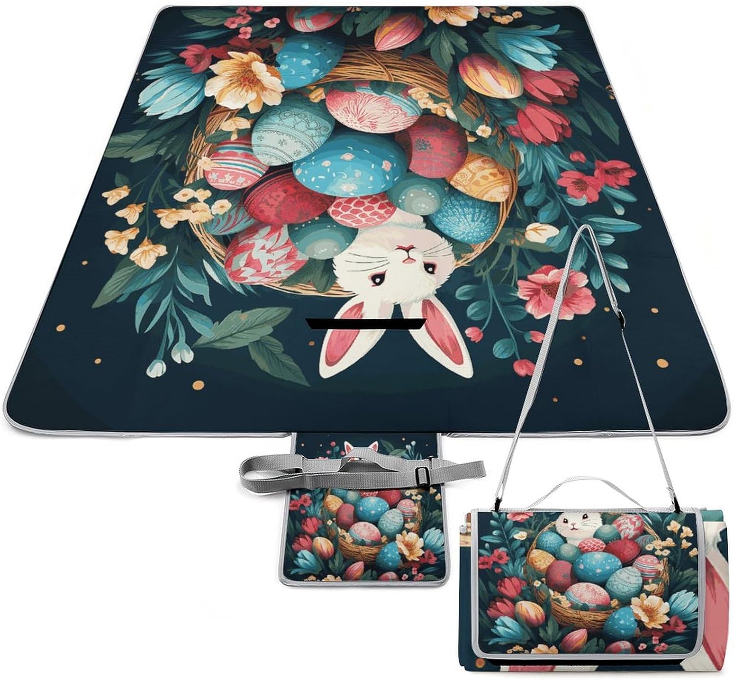 Basket and Easter Eggs Waterproof Picnic Blanket 58.3''x58.3'',Portable and Foldable Picnic Mat with Handle,Outdoor Blankets for Lawn Park Beach Travel