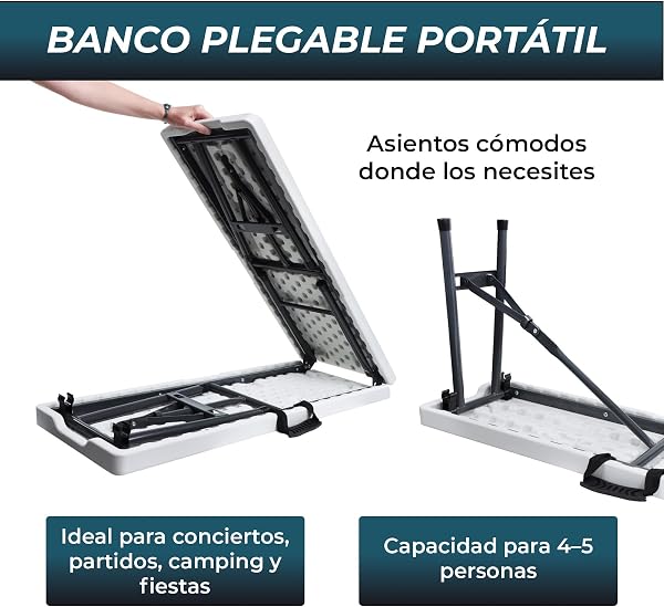 YOEVU Pack de 2 Bancos Plegables Portátiles, Multifuncional, Plástico HDPE, 183x28x43cm, Capacidad 300kg, Moderno, Banco Jardín Exterior para Camping y Patio, Blanco - 4