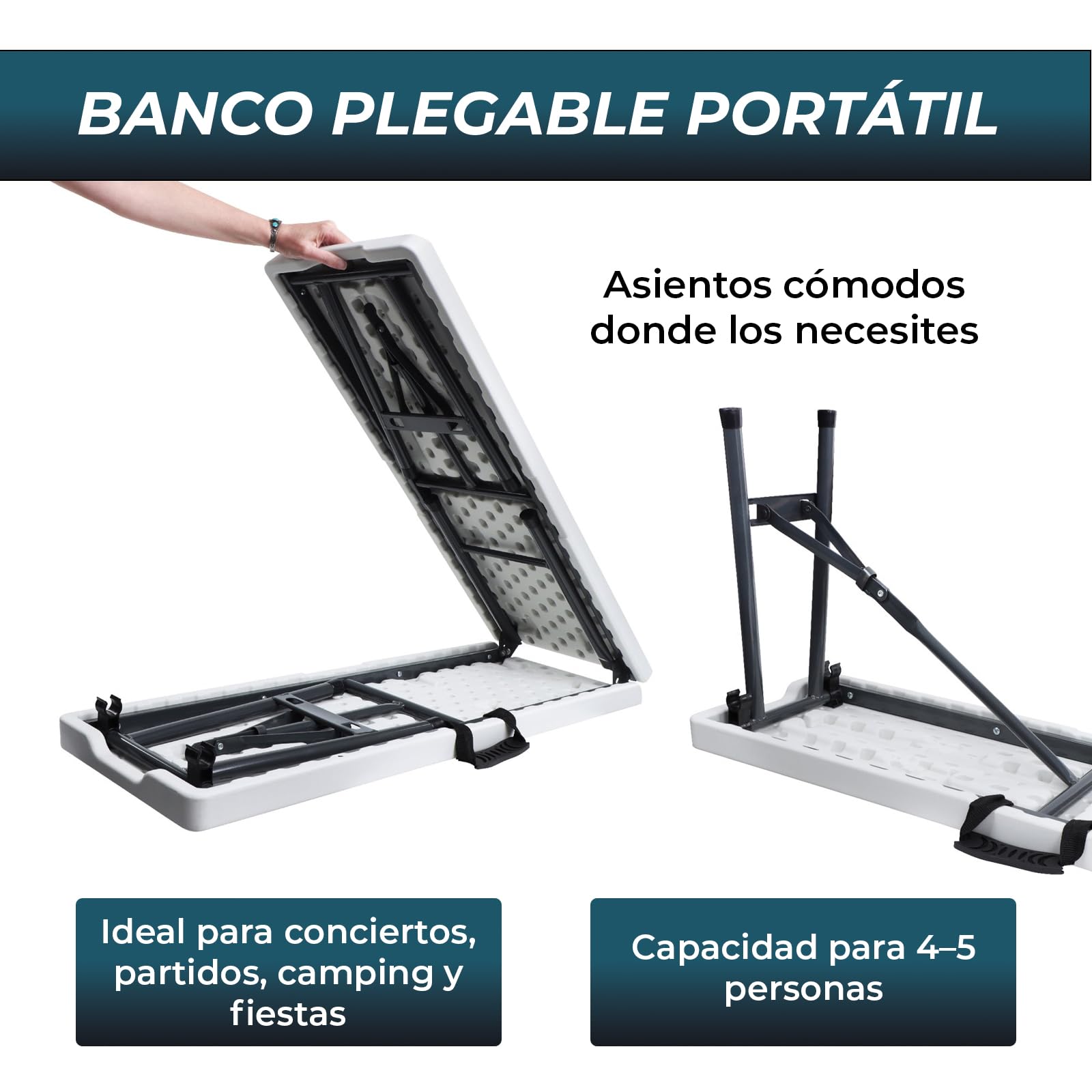 YOEVU Banco Plegable Portátil Multifuncional, Plástico HDPE, 183x28x43cm, Capacidad 300kg, para Jardín Exterior Camping y Patio, Moderno, Blanco