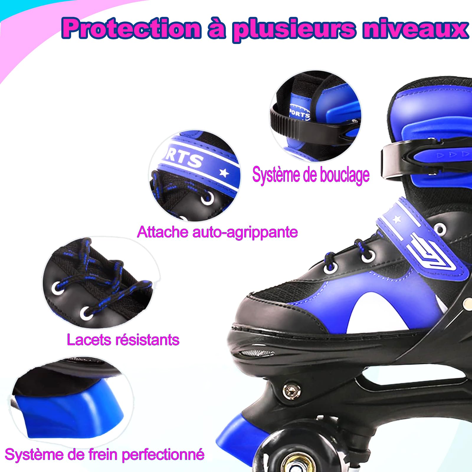 Patins à roulettes pour Enfants Filles: Roller Enfant Fille, Rollers Quad avec 4 Taille Réglable, 8 Roues Lumineuses, Maille Respirante - Rose