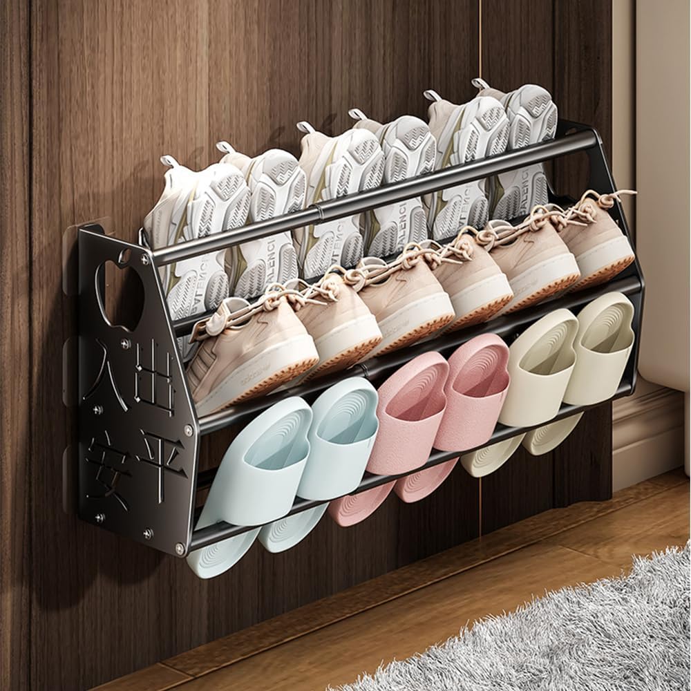 Adjustable Wall Mounted Shoes Rack, No Drilling Slipper Rack, Metal Wall Door Shoe Storage Rack, Shoe Storage Rack for Wall Entryway Bathroom (Black)