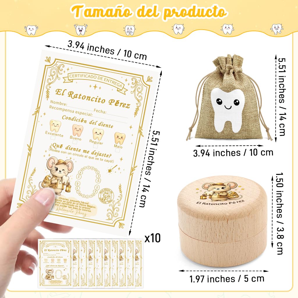 WALLFID set de 12 piezas,caja dientes de leche niño,cartas del Ratoncito Pérez,bolsita del Ratoncito Pérez,10 tarjetas del diente limpio,regalo original para niño y niña (Espagnol)