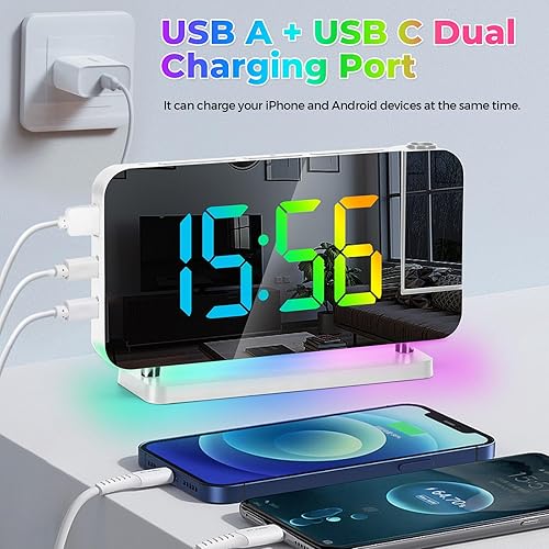 Miniatura 6 de Reloj de proyección, reloj despertador digital con espejo LED de 7.4 pulgadas, con luz nocturna RGB, proyector giratorio de 180, puerto de cargador