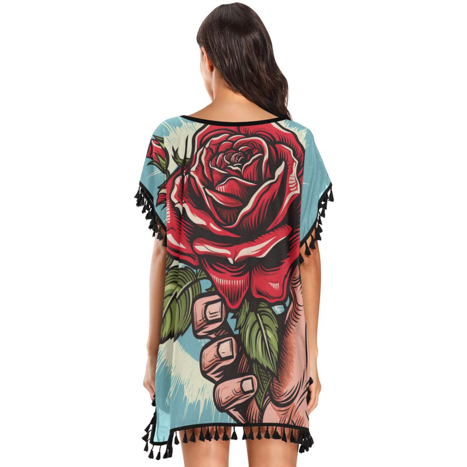 Red Rose Hand Abstract Blue Women's Beach Cover Up Chiffon Tassel Swimwear Swimsuit Coverups for Girl