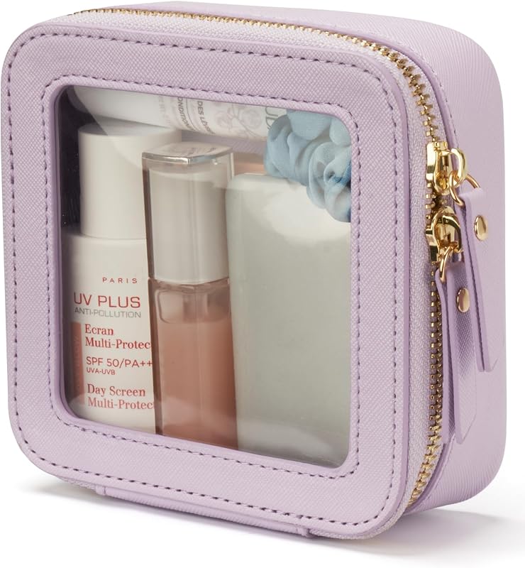 Necessaire de maquiagem Popvibe mini roxa em couro sintético com seção transparente e zíper