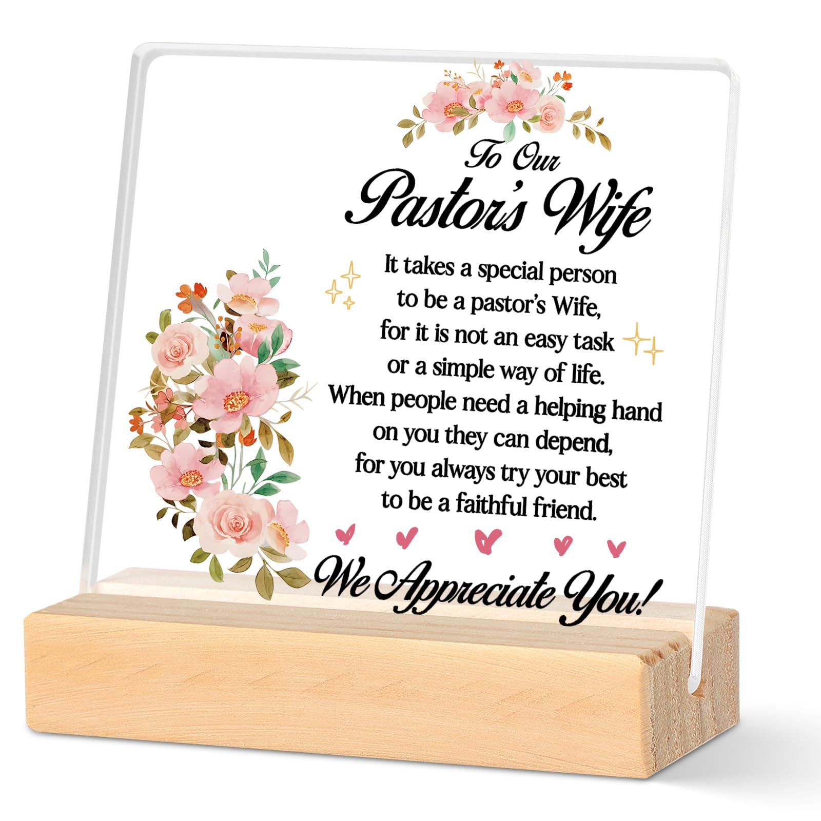 Jumkook Appreciate Pastor's Wife Acrylic Desk Sign Decor, To Our Pastor's Wife We Appreciate You Quote Acrylic Desk Sign Decor for Office Desk Bookshelf Bedroom Nightstand, 4 x 4 Inch