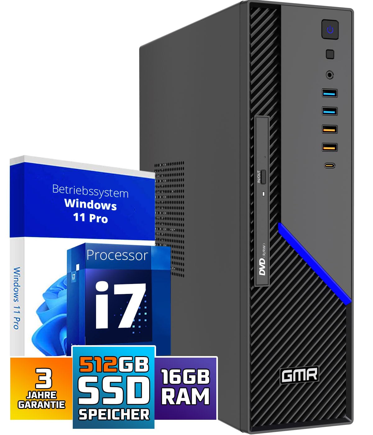 GMR Ultra SFF i7 Office PC - Business Office Computer | 3 Jahre Garantie | 16 GB RAM | 512GB SSD M.2 | DVD±RW | USB 3 | Windows 11 Pro | WiFi-Bluetooth