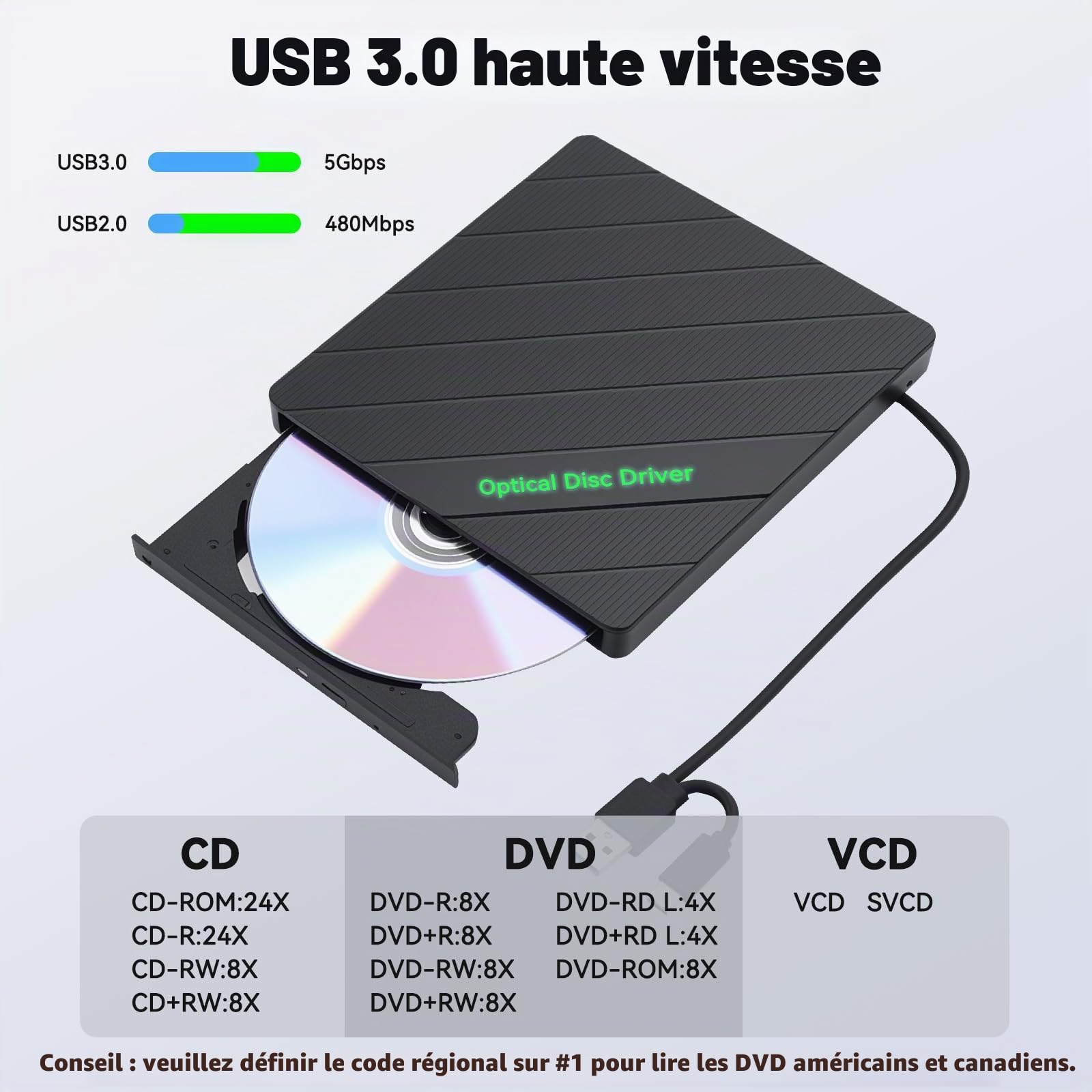 ELUTENG Lecteur/Graveur CD/DVD Externe USB 3.0 Type-C avec Câble USB-C 0.6m, Portable Graveur/Lecteur CD/DVD Portable +/-RW pour Laptop PC MacBook Windows 11/10/8/7 Mac OS