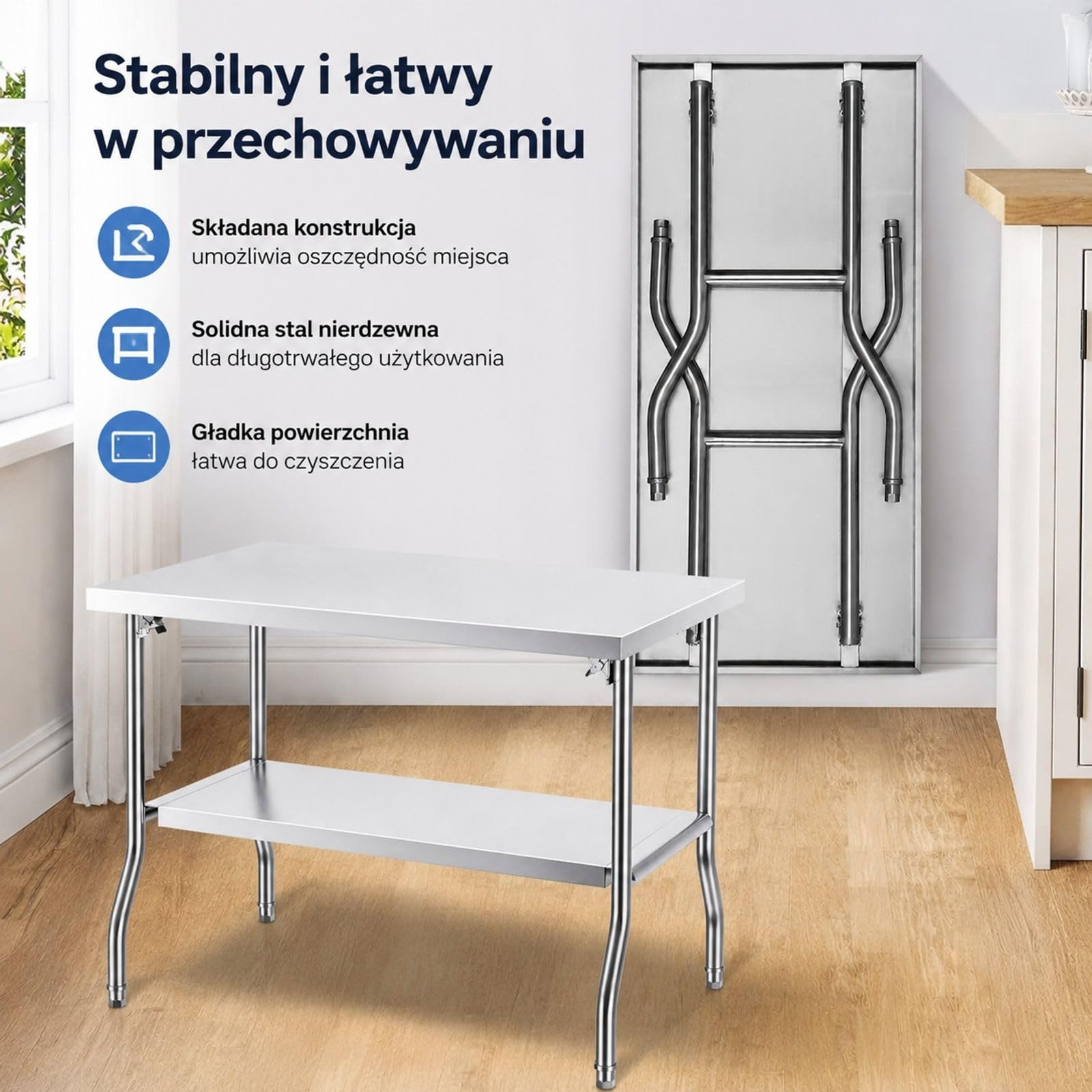 Składany stół roboczy ze stali nierdzewnej z podwójną półką, srebrna wyspa kuchenna do gastronomii