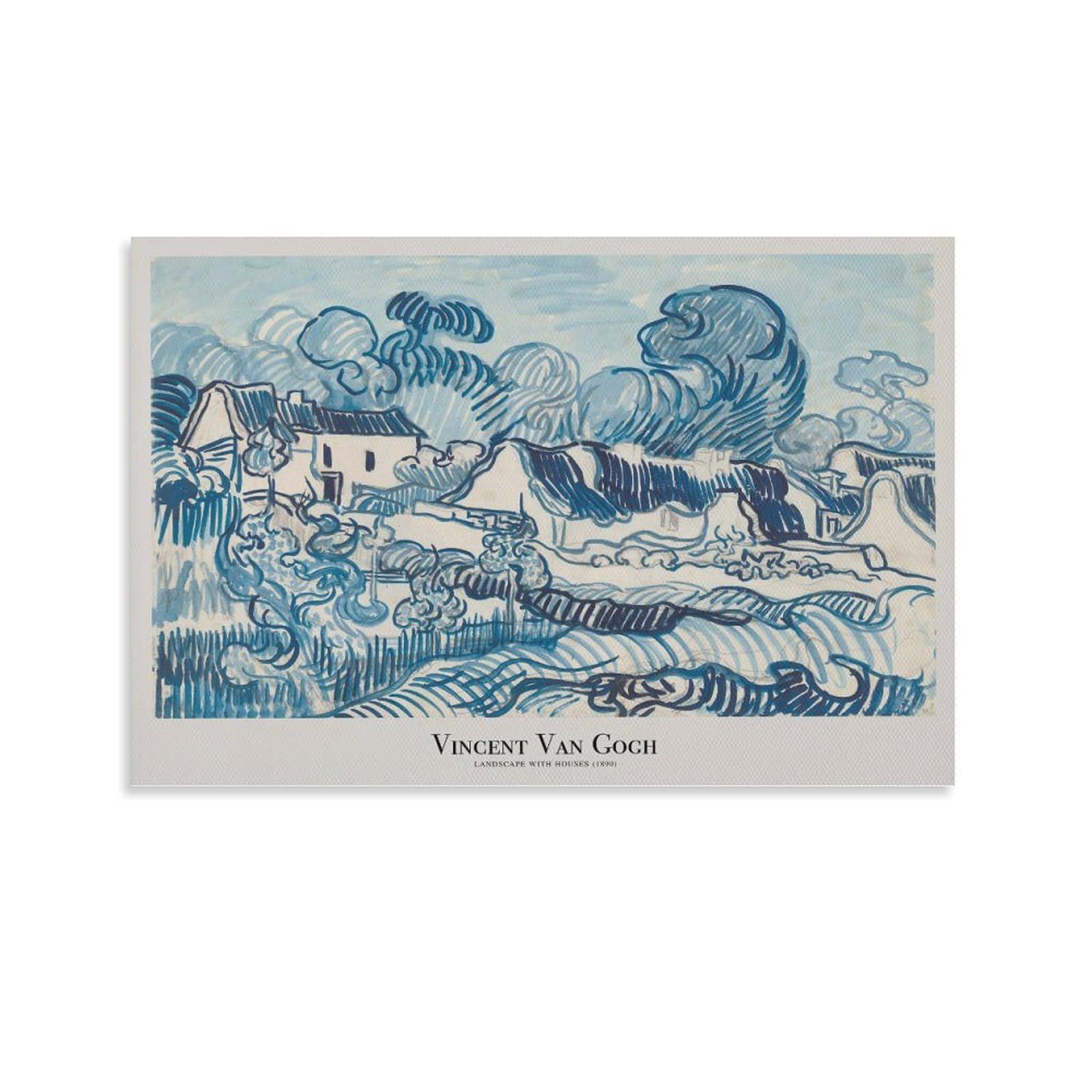 LZTEN Van Gogh Print Landscape With Houses Poster Vintage Blue Wall Art Line Drawing Sketch Modern Museum Art Unframe 20x30inch(50x75cm)