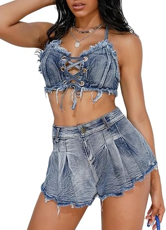 Womens Sexy Denim Bikini Set Thong Cheeky Jeans Shorts and Bra
