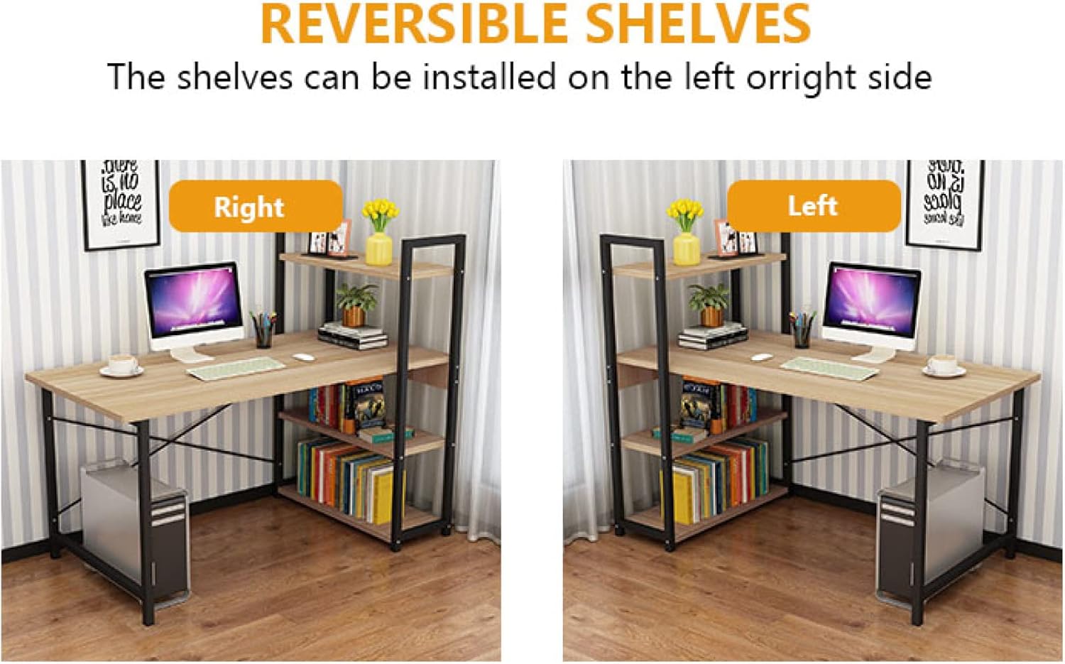 Computer Desk with Storage Shelves,47 Inch Home Office Desks with Reversible Bookshelf Modern Style Writing Study Workstation, Oak