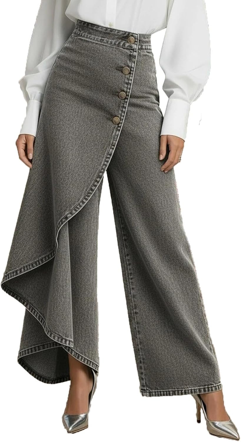 Women's High Waisted Asymmetrical Wrap Wide Leg Jeans, Button Front Denim Skirt Pants for Casual Streetwear