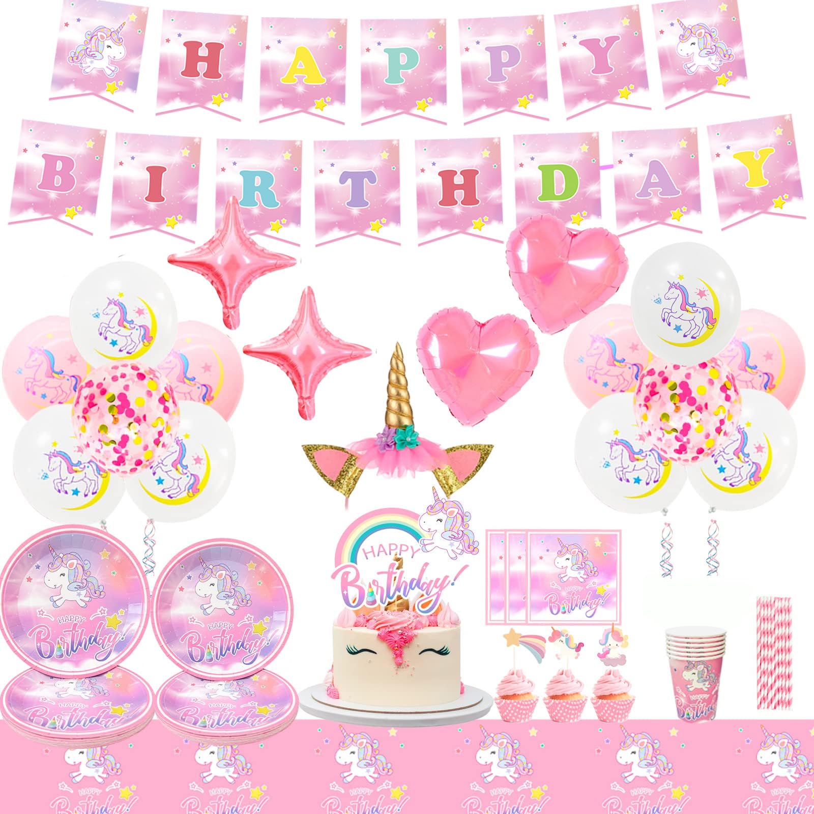Forniture de Unicorno Festa Compleanno-130 Pezzi Kit Unicorno Compleanno Piatti Unicorno Bicchieri Tovaglioli Tovaglia Striscione etc Forniture de Festa Tema