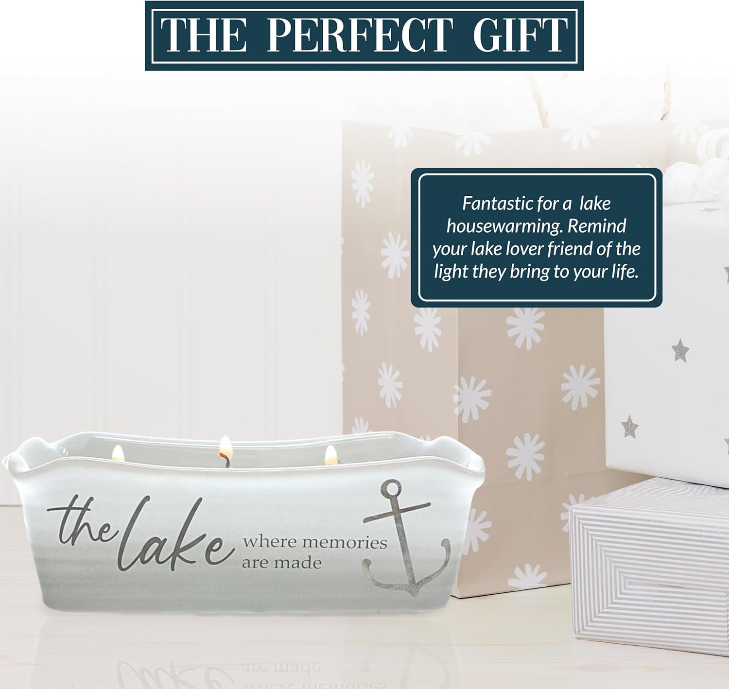 Pavilion Gift Company - at The Lake - 12-Ounce Wax Reveal Natural Soy Wax 3 Wick Candle, Jasmine Scented, Hidden Message Candle, Lake House Décor, 1 Count, 7.5 x 3.5 x 2.25-inch, Gray