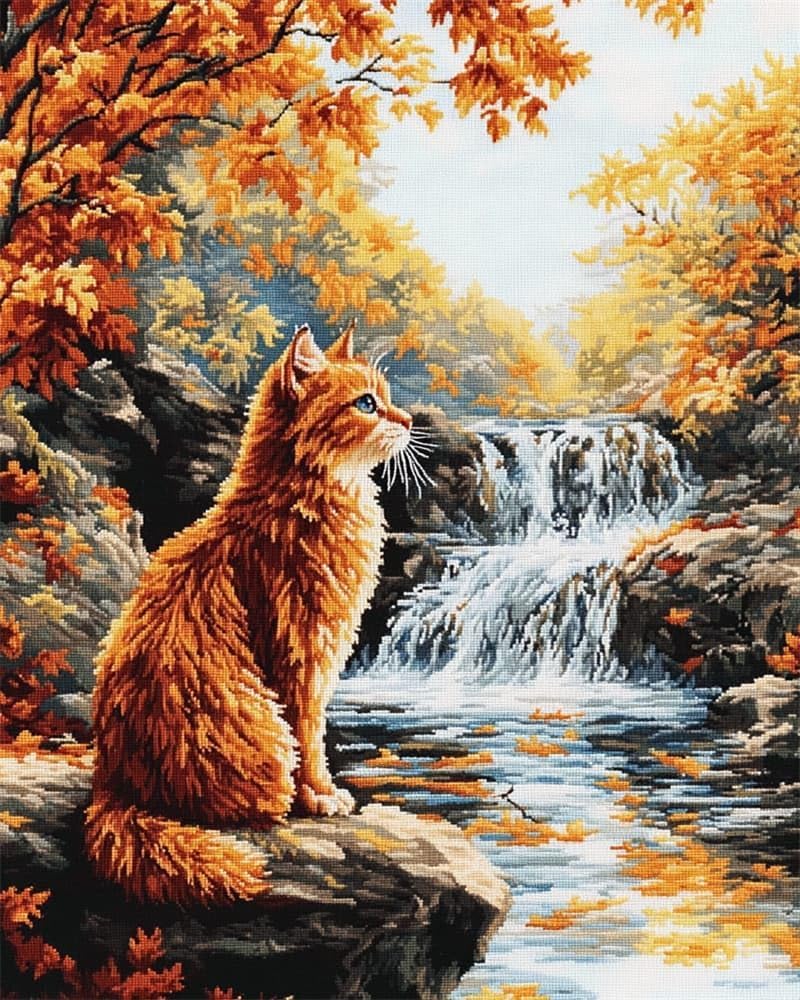 NAHUIGOOD Cross Stitch Kit,DIY Handmade Embroidery Kit with Accurate Print, 11Ct Needlework Set - Lake Kitten11Ct40X50Cm