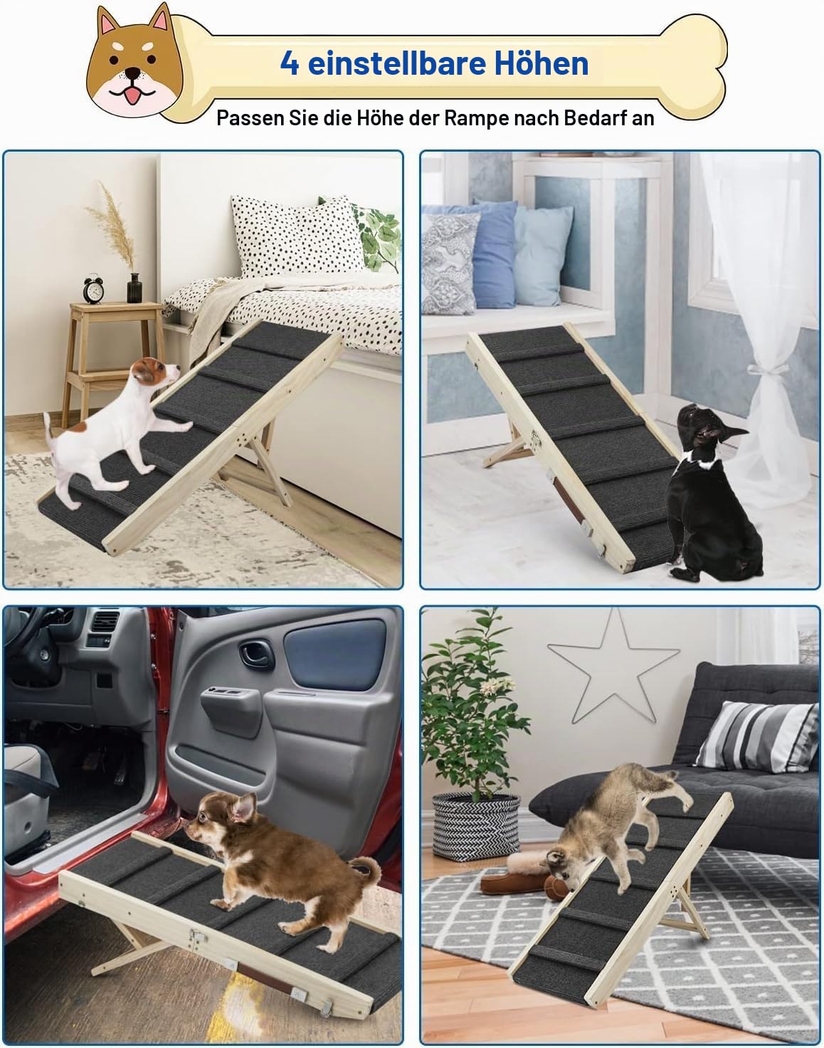 Hunderampe,Hundetreppe aus Holz,Tragbare Katzen Rampe für Bett Sofa, 4 Höhenverstellbare von 25CM bis 48CM mit Rutschfester Trittmatte, Hölzerne Haustierrampe Klappbar für Bett Oder Sofa