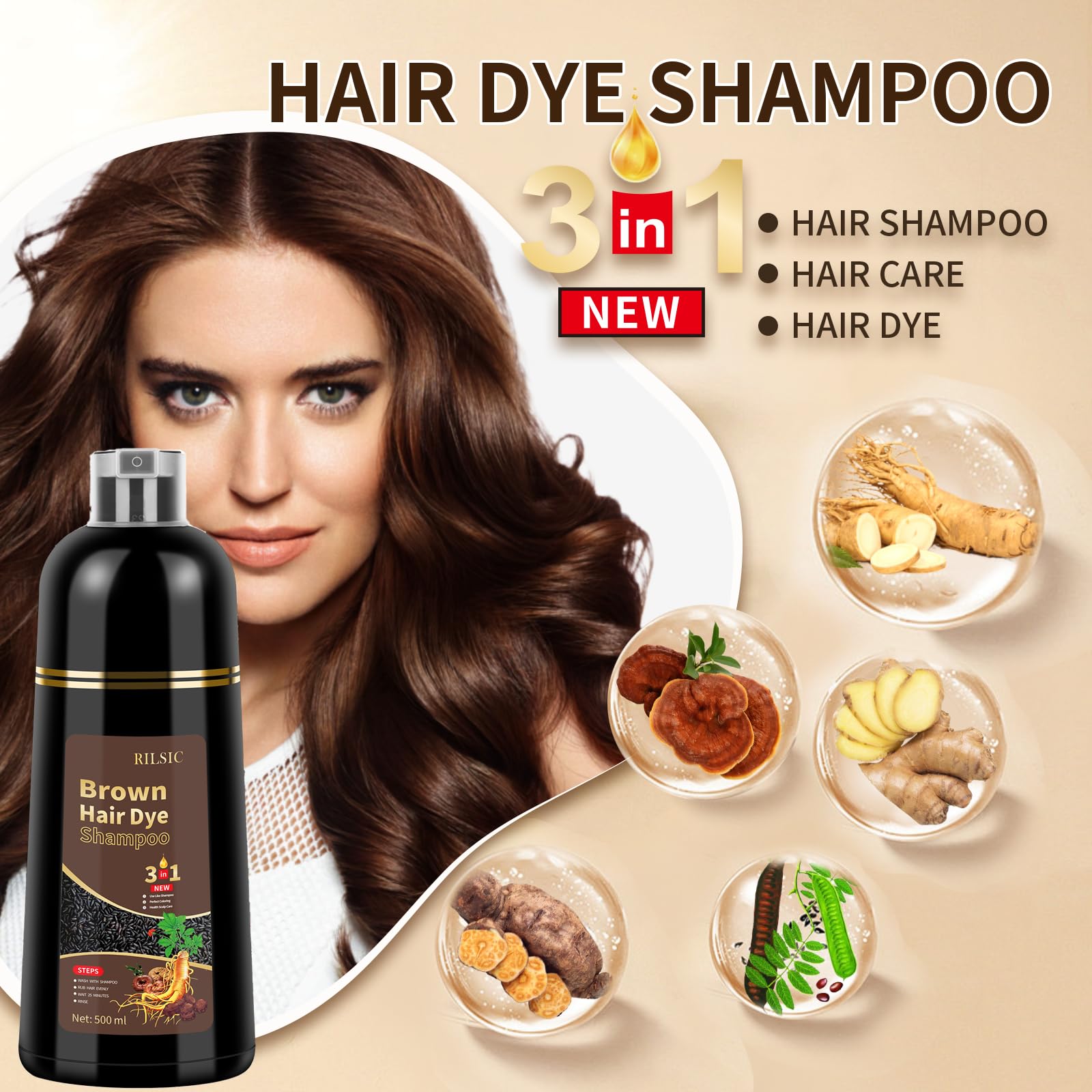 Hair Dye Shampoo 3 en 1 Cubre Canas, Brown Hair Dye Shampoo 3 en 1,Hair Color, Champú de Color Para el Cabello Instantáneo,Cobertura De Canas En Minutos para Hombres y Mujeres (Marrón)