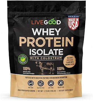 LiveGood Whey Protein Isolate with Colostrum | 20g Grass-Fed Protein with 9 Essential Amino Acids & Digestive Enzymes | Chocolate Protein Powder
