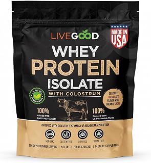 LiveGood Whey Protein Isolate with Colostrum | 20g Grass-Fed Protein with 9 Essential Amino Acids & Digestive Enzymes | Chocolate Protein Powder