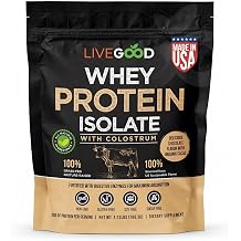 LiveGood Whey Protein Isolate with Colostrum | 20g Grass-Fed Protein with 9 Essential Amino Acids & Digestive Enzymes | Chocolate Protein Powder