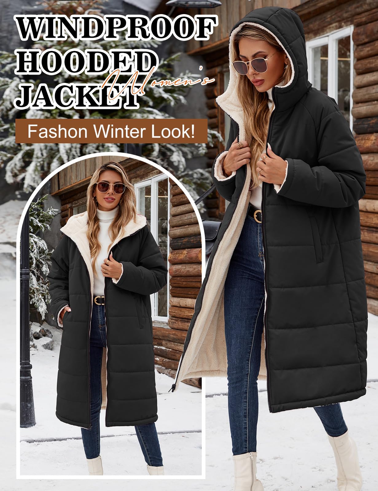Tuopuda Manteau Femme Hiver Veste Polaire Chaud Parkas Blouson Zippée à Capuche Réversible Sherpa Casual Jacket Hooded Coat Sweat-Shirts Outercoat avec Poches