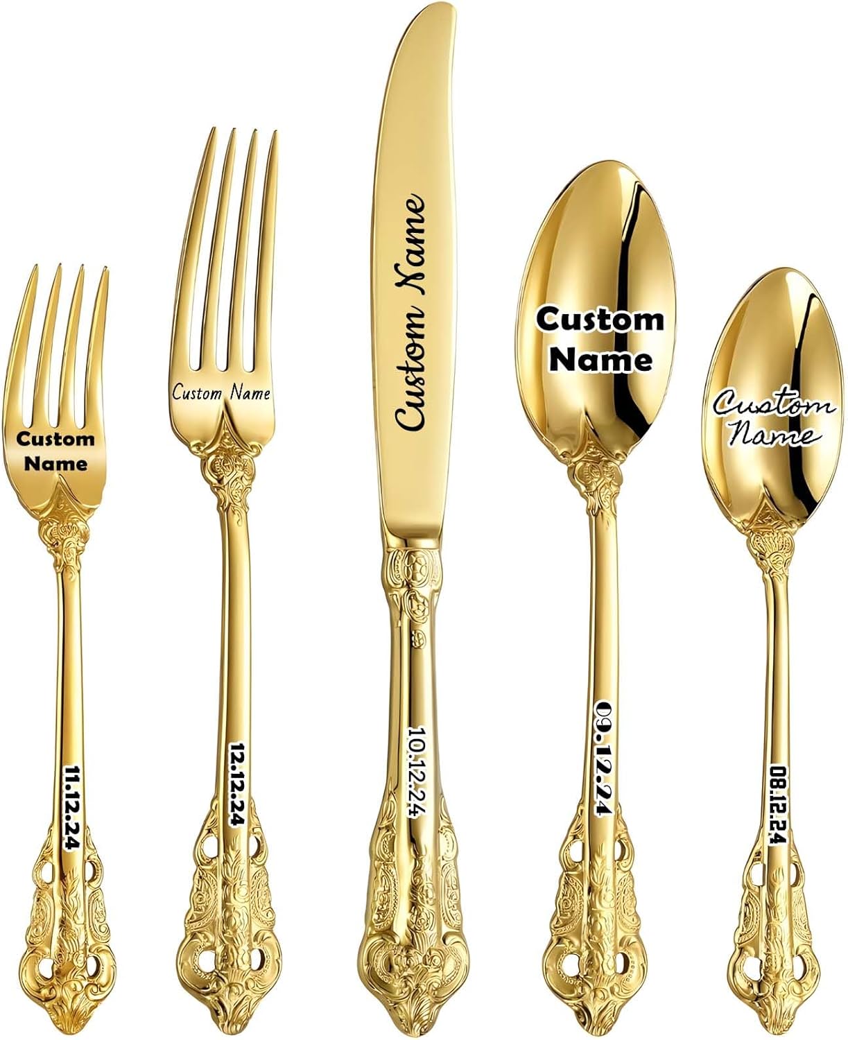 Personalized Luxury Flatware Set, Custom Engraved with Name Dates Stainless Steel Tableware with Gold Accents, 5 Cutlery Kit Vintage Antique Baroque Silverware Gift for Party Favors Wedding