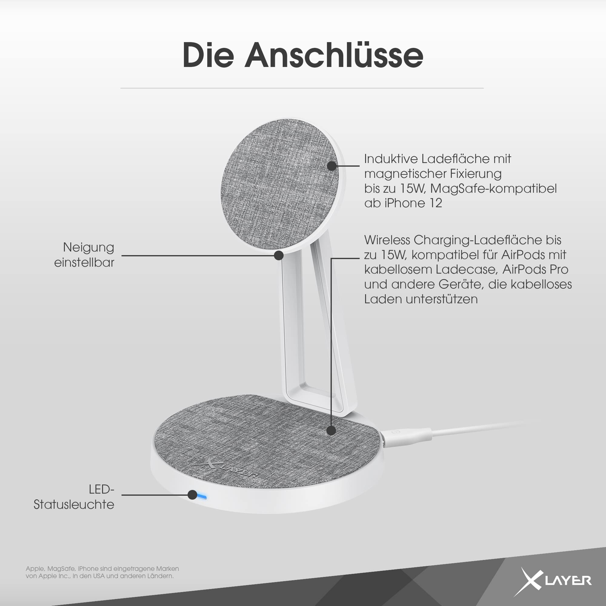 XLayer MagFix Pro 2-in-1 Ladestation Apple Wireless Charger I Standby I Magsafe Kompatibel I Magnetisch I Ladegerät I kabelloses schnelles Laden von iPhone 16 15/14/13/12/11 Pro Max Plus, AirPods