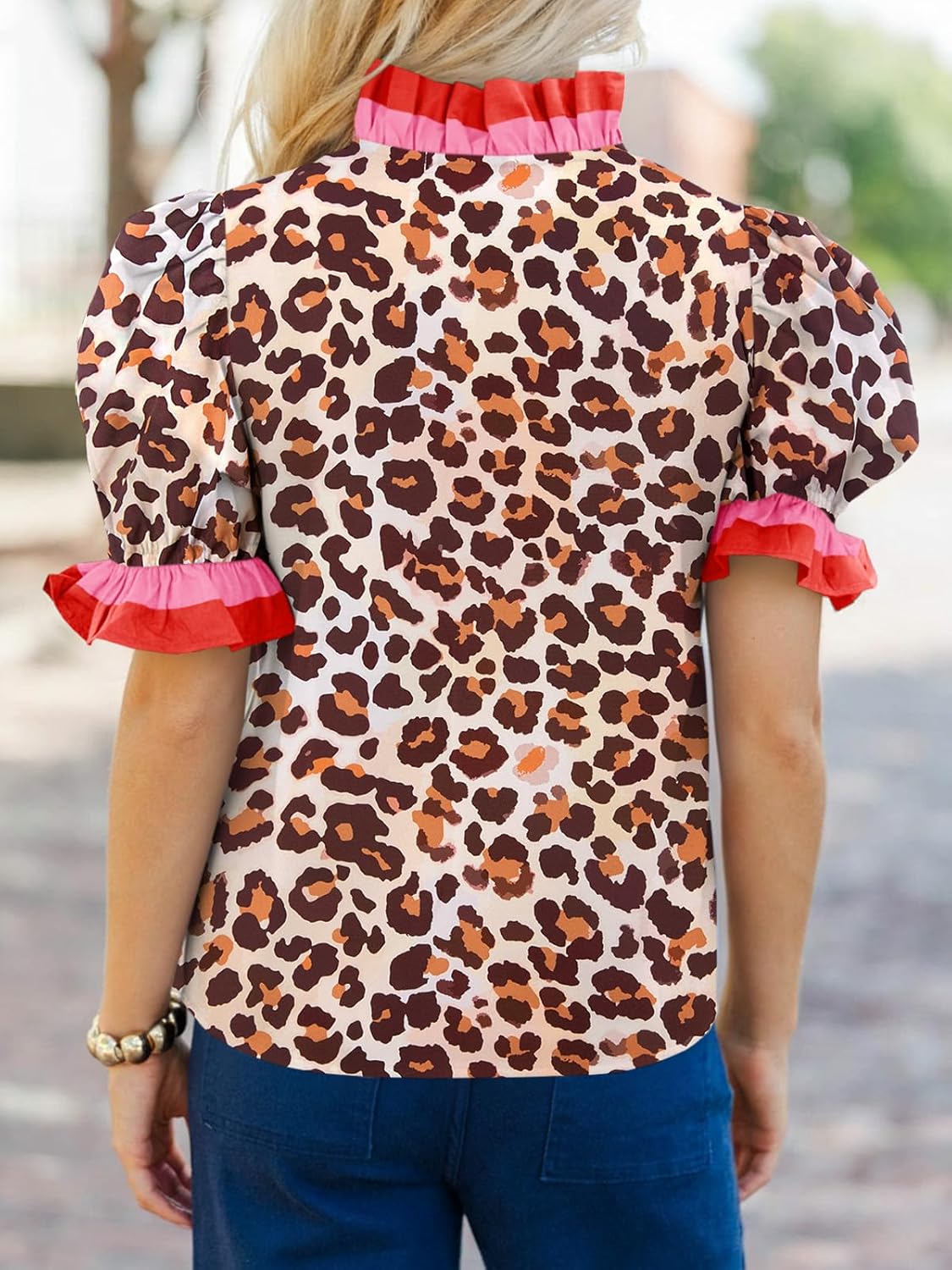 Cicy Bell Womens Summer Floral Print Tops Casual Puff Short Sleeve Ruffle V Neck Button Down Shirts Patchwork Boho Blouses