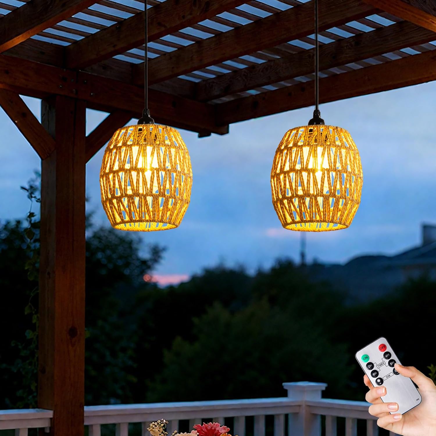 Battery Operated Chandelier, 2 Pack Natural Rattan Pendant Lights - Waterproof Outdoor Boho Hanging Lamps with Egg-Shaped Design, for Patios, Pergolas, Porch, Gazebo & Indoor Ceiling Decor