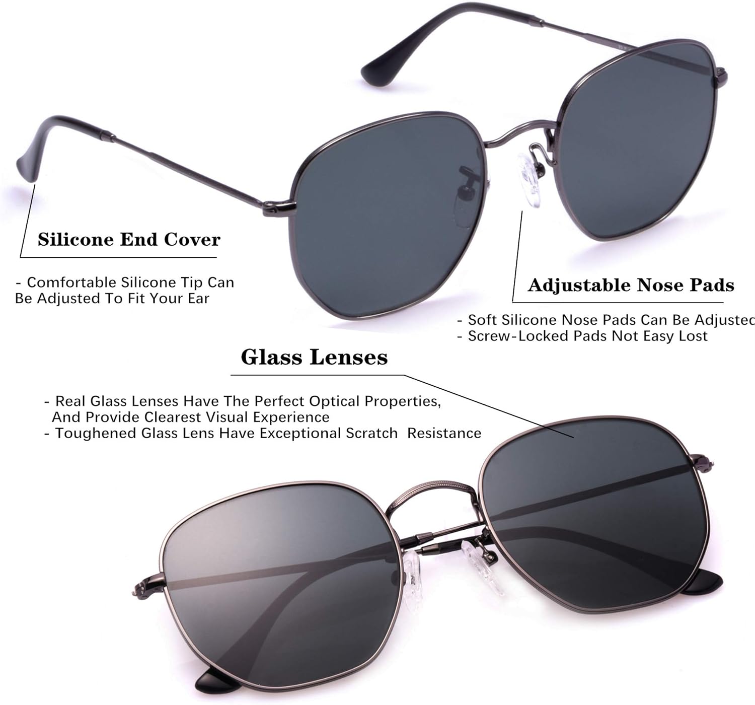 Retro Glass Lens Hexagonal Sunglasses for Men Women Vintage Square Metal Frame Flat Lens Sun glasses