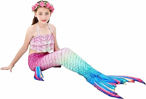 Miniatura 4 de Colas de sirena para nadar para niñas, 5 piezas, conjunto de traje de baño de bikini de 4 a 13 años