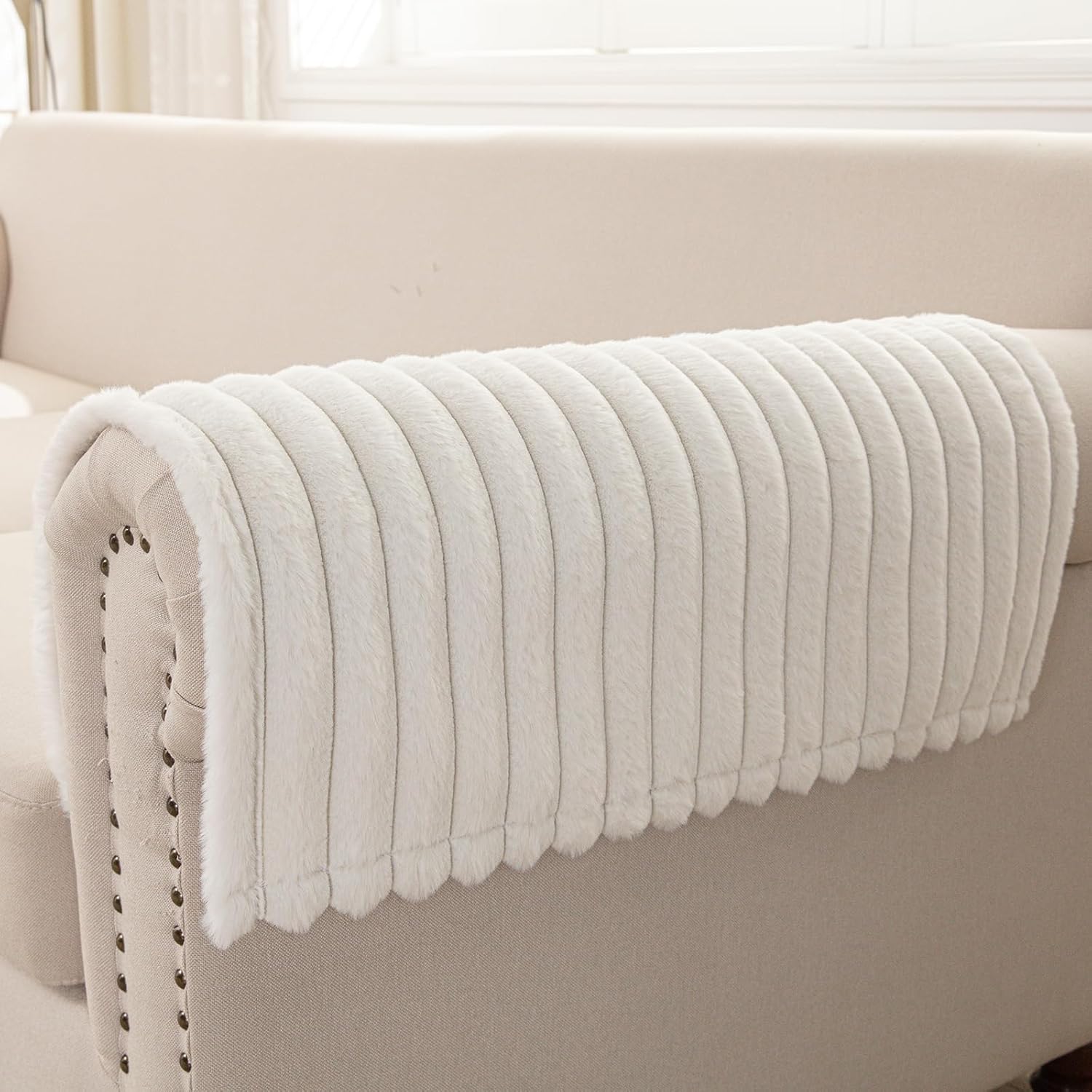 Warmstar Waterproof Couch Arm Covers 2 Pack, Fuzzy Couch Armrest Covers for Sofa Washable,Soft Recliner Chair Arm Cover Protectors(Off White, 23" x 23")