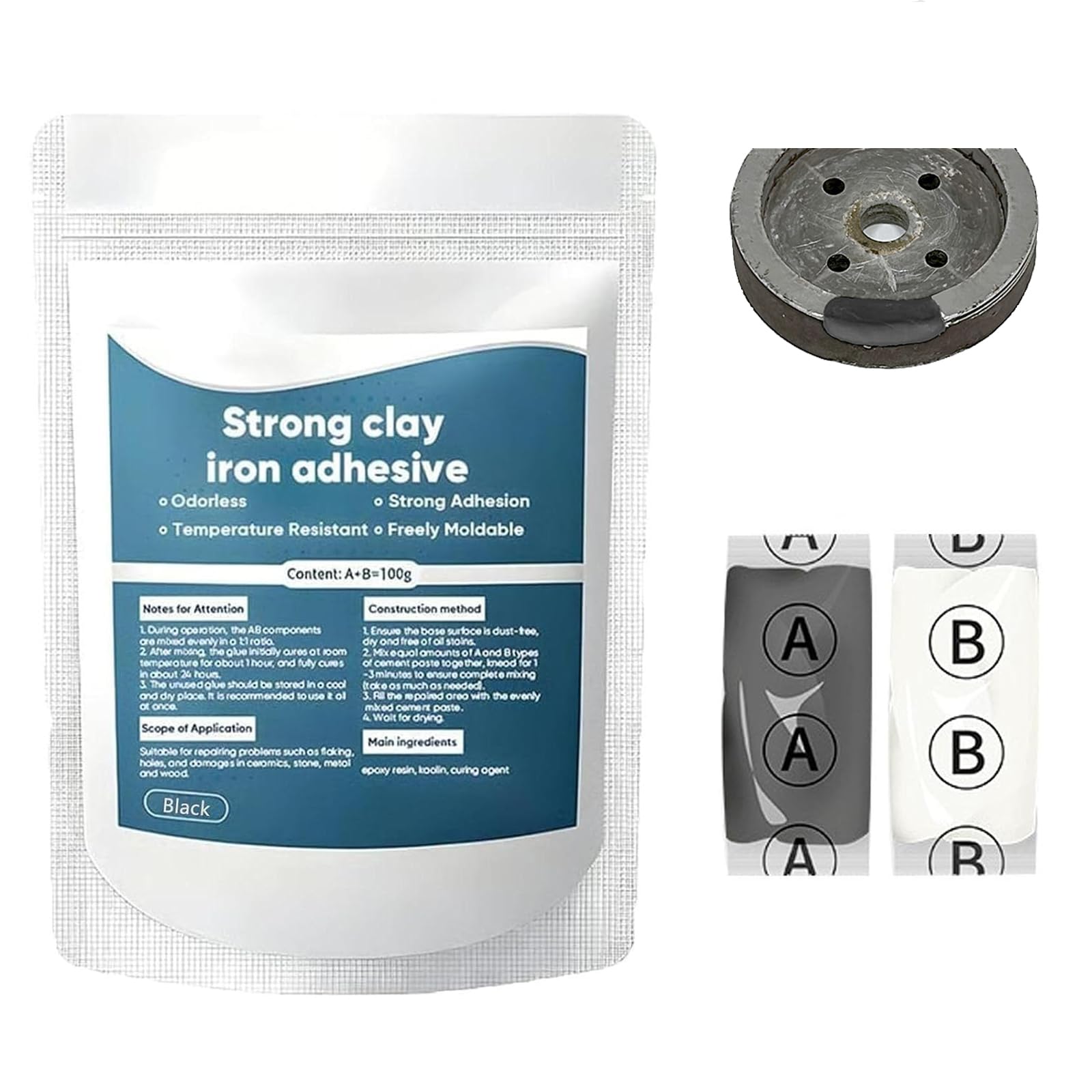 High-Strength Multi-Purpose Repair Clay, Steel Reinforced Epoxy Putty, 200g, Strong Clay Iron Adhesive, All Purpose Pool 𝐂lay for Bonding Plastic Metal Ceramic Wood Tile Glass (3, Black)