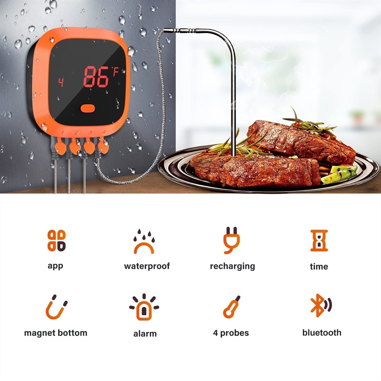 Termómetro con alarma de temporizador de cable USB for cocina, barbacoa, parrilla, ahumador, horno