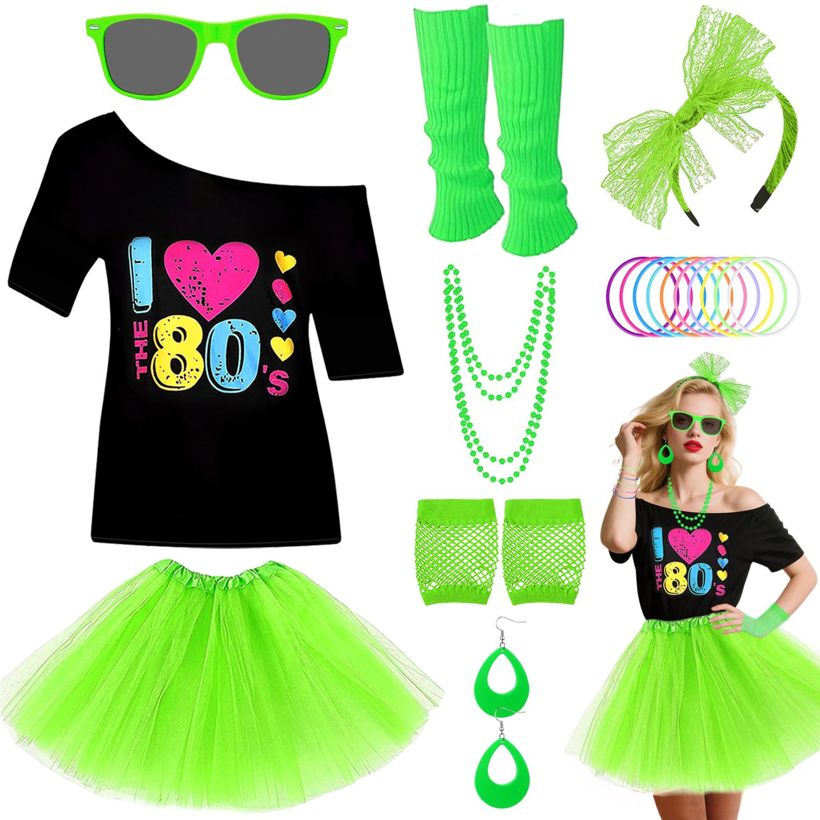 80s Costume Accessories Set for Women, 1980s Neon Party Kit with T-shirt Tutu Skirt Headband Earring Necklace Glasses Bracelet Fishnet Gloves Leg Warmers for 80s Retro Party Dress up (Green, XL)