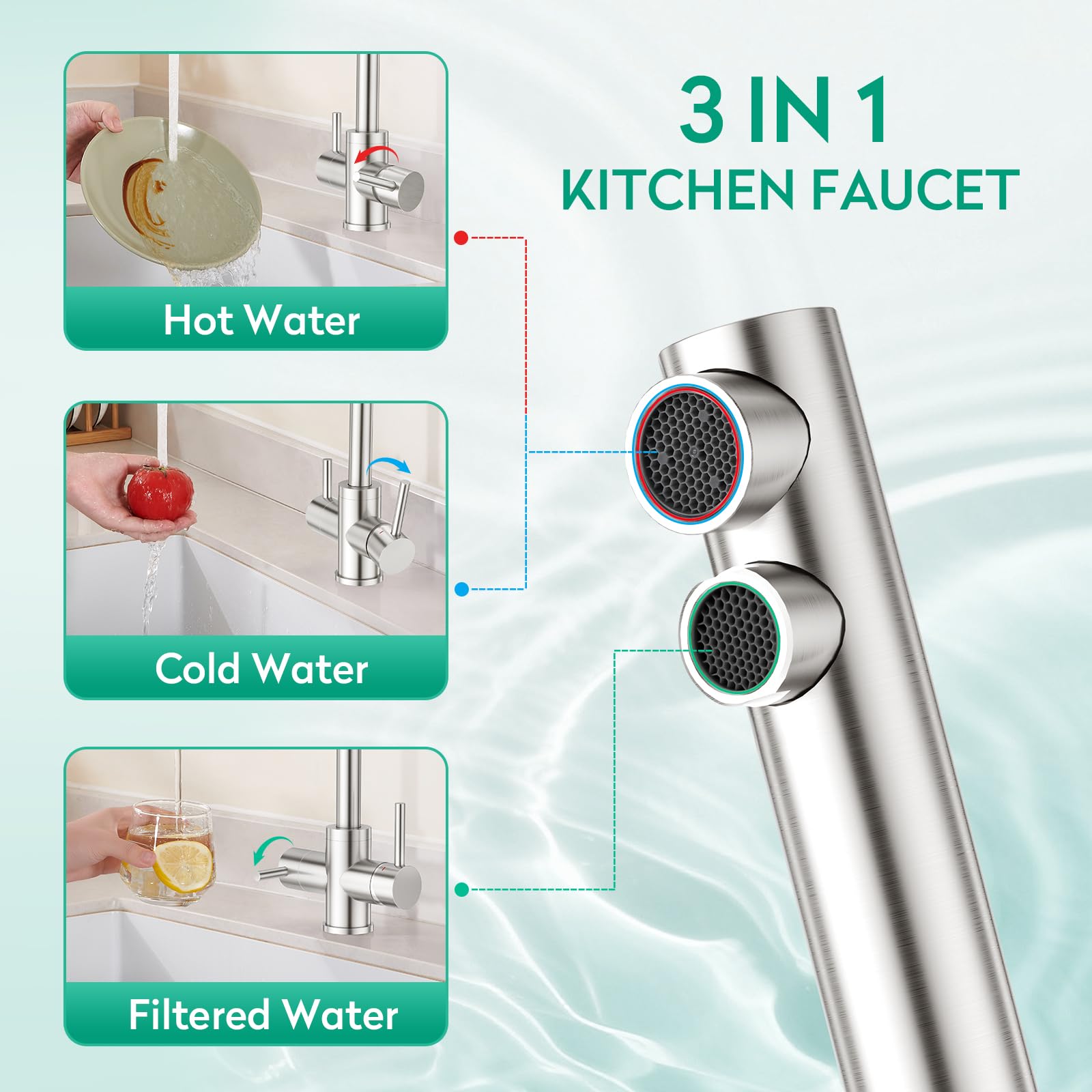 CREA 3 Wege Wasserhahn Küche Edelstahl, Mischbatterie Küche | 360° Drehbar Küchenarmatur, 3 in 1 Spültischarmatur für Wasserfilter, Trinkwasserhahn mit Doppelhebel, Gebürstete Oberfläche
