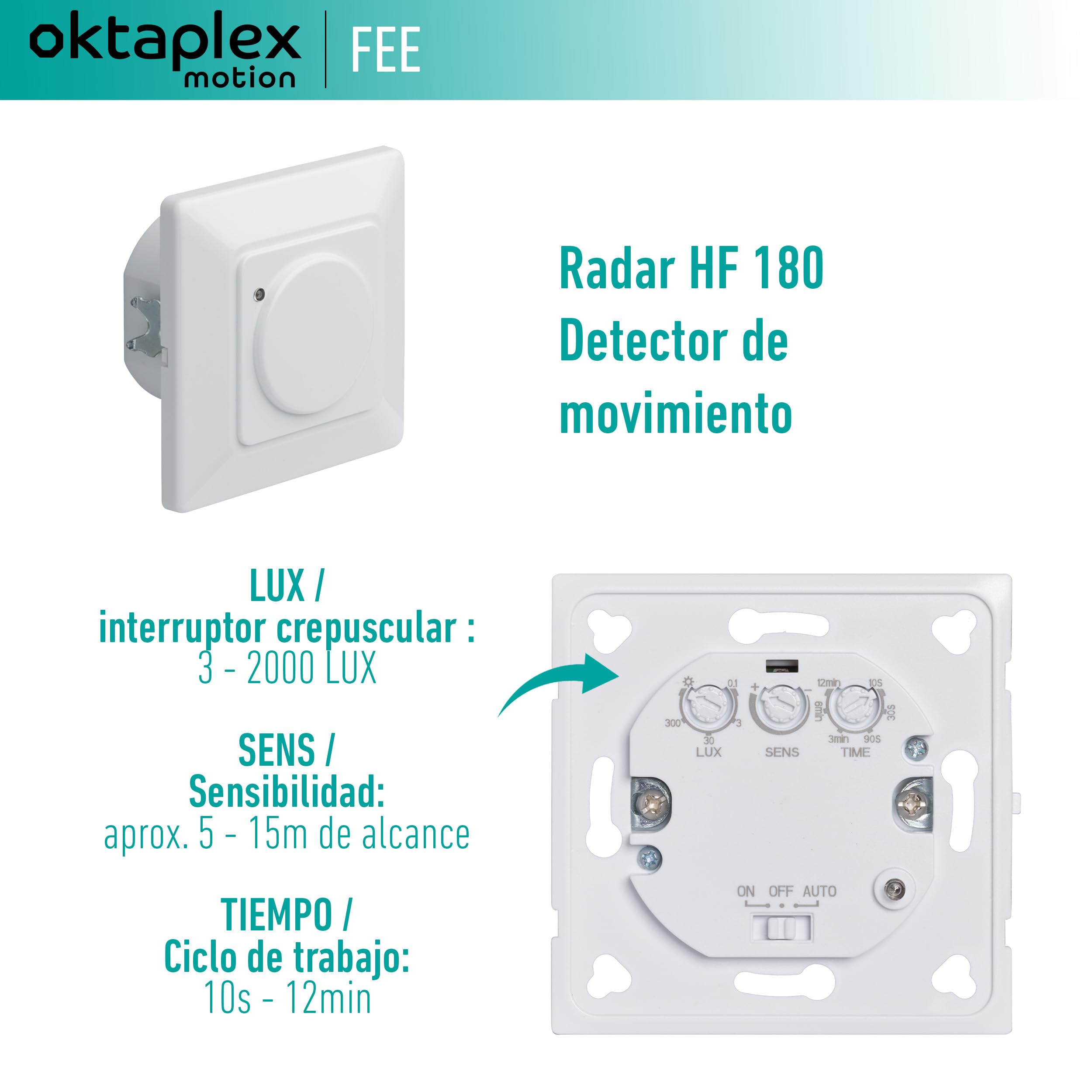 Oktaplex Fee Juego de 2 detectores de Movimiento empotrables Sensor de Alta frecuencia 180° Alcance 5-15m Caja de Pared Hueca 230V Blanco con Sensor crepuscular