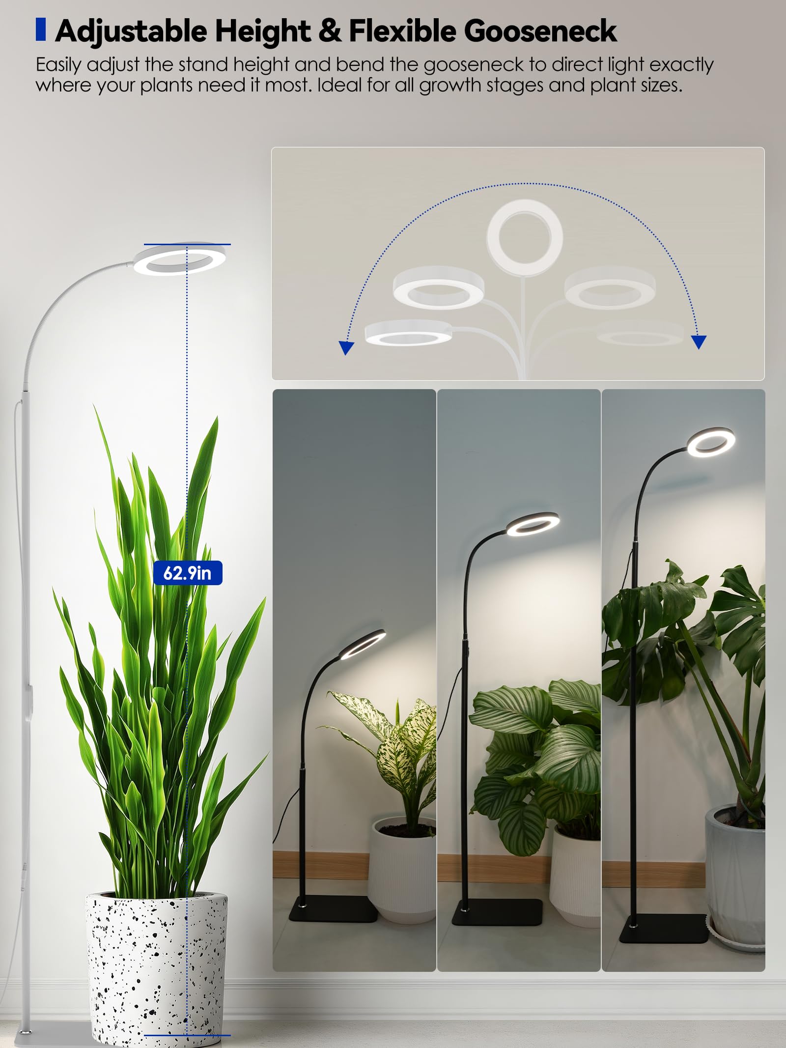 GLOWRIUM Grow Lights für Zimmerpflanzen, 20W Vollspektrum LED Grow Light Stehlampe mit Ständer Einstellbare Höhe und Winkel, Schwarz Pflanzenlicht mit 3/9/12H Grow Light Timer (White, 36W)