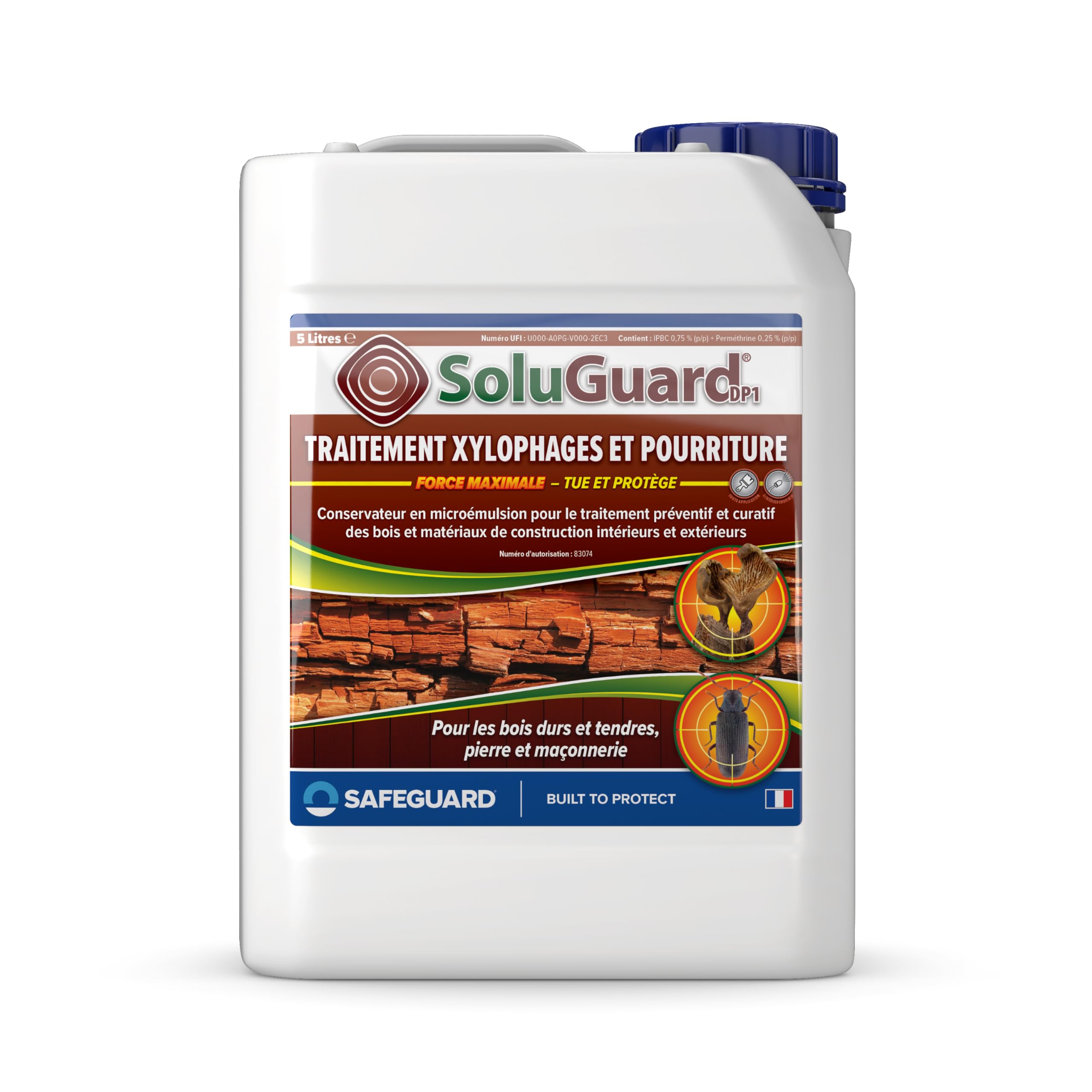 SoluGuard Traitement Xylophages et Pourriture du Bois - 5 L - Protection Fongicide Poutre, Charpente, Bois Intérieur et Extérieur - Protection Contre les Vrillettes, Termites et les Champignons